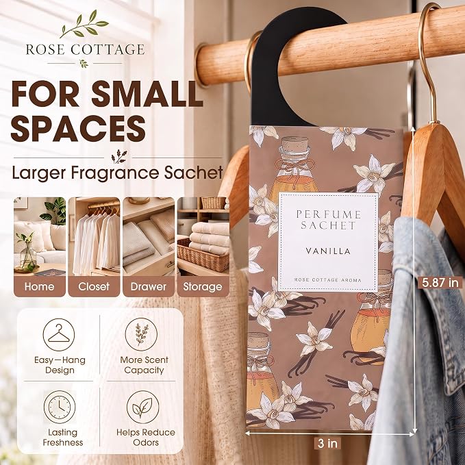 Large 12 Packs Vanilla Hanging Scented Sachets Long-Lasting Closet Deodorizer Air Freshener Fabric Refresher Odor Eliminator for Drawer Home Fragrance Gift Set