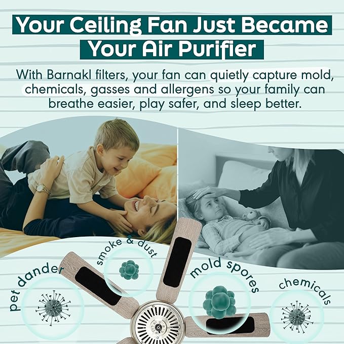 Barnakl Ceiling Fan Air Purifier Pads, Carbon Filters for Blades, 3 Count | Activated Coconut Shell Carbon, Traps Dust, Odors & Allergens, Easy-Stick Universal Fit, Odorless & Unscented