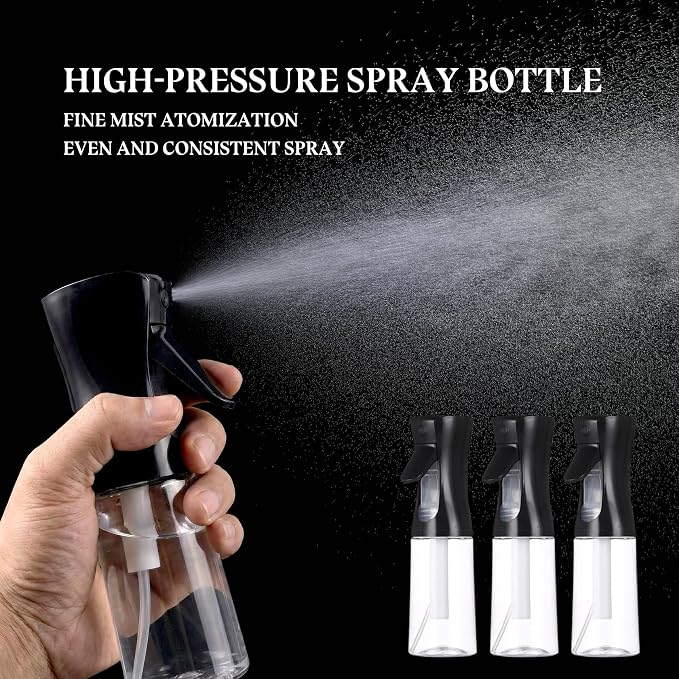 3 Pack Black Continuous Spray Bottle Atomizing Mister for Hair,Plants,Cleaning,Travel Fine Mist Water Spray Bottles for Styling,Refillable Empty Spray Bottles Black&Transparent (200ml)