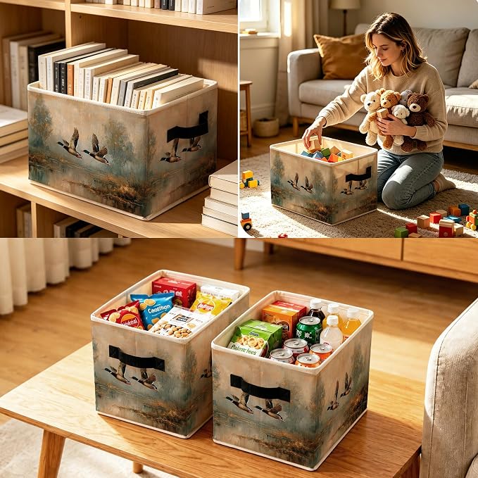 Vintage Flying Mallard Duck Storage Bins Box, Country Landscape Duck Foldable Storage Basket with Handles for Farmhouse Cabin Bedroom Bathroom Home Clothes Books Organizer