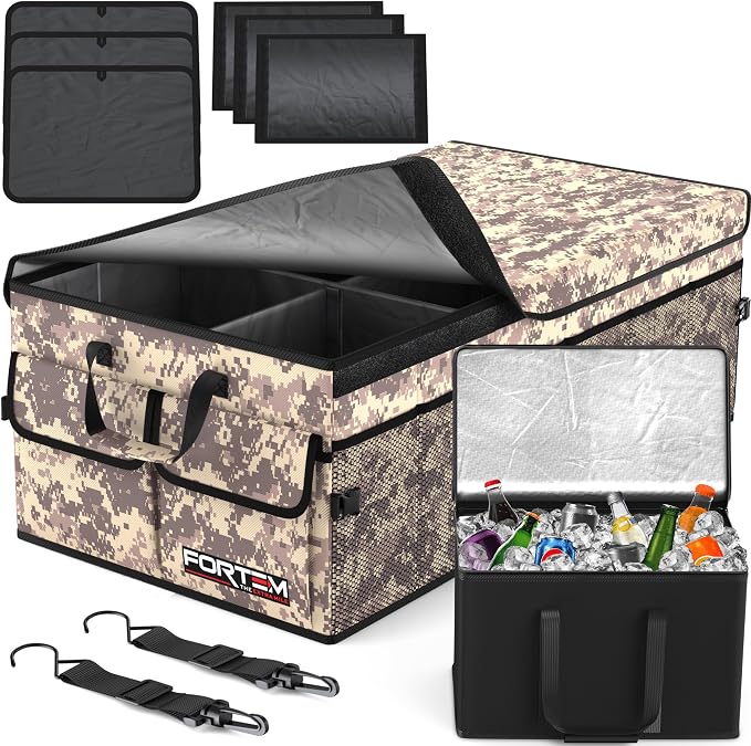 FORTEM Trunk Organizer - Foldable Car Organizer with Cooler for SUV, Trucks | Car Accessories for Men Women, Collapsible Bag, Non Slip Bottom, Straps, Soft Cover, 600D Oxford, 6 Compartments, 105L