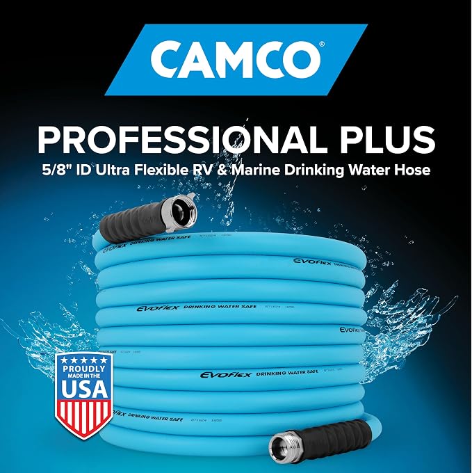 Camco EVOFlex 25-Ft RV Drinking Water Hose - Features Extra Flexible Design w/Stainless Steel Strain Relief Ends - Lead-Free, BPA-Free and Phthalate-Free - 5/8” Inside Diameter (22591)