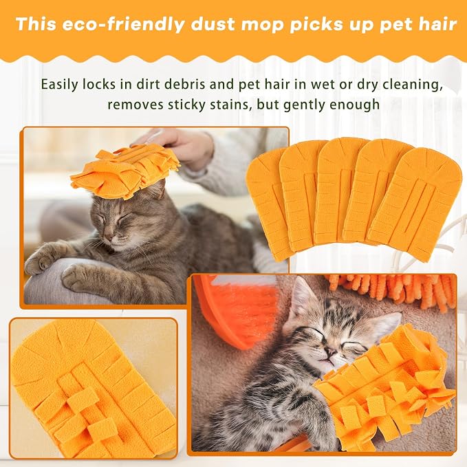 Zubebe 6 Pcs Reusable Duster Refills Fleece,Orange | Soft Polyester Fiber Flat Duster Refill Multi Surface Washable Cleaning Pad Tools for Home, Blinds, Car, Pet, Furniture, Fans
