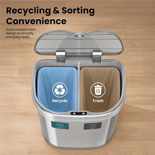 Ninestars 18.5 Gallons Automatic Touchless Kitchen Trash Can, Motion Sensor Trash Can for Kitchen, Office 70 Liter Stainless Steel Recycling Bin (2 x 9.2 Gallon Double Compartment)