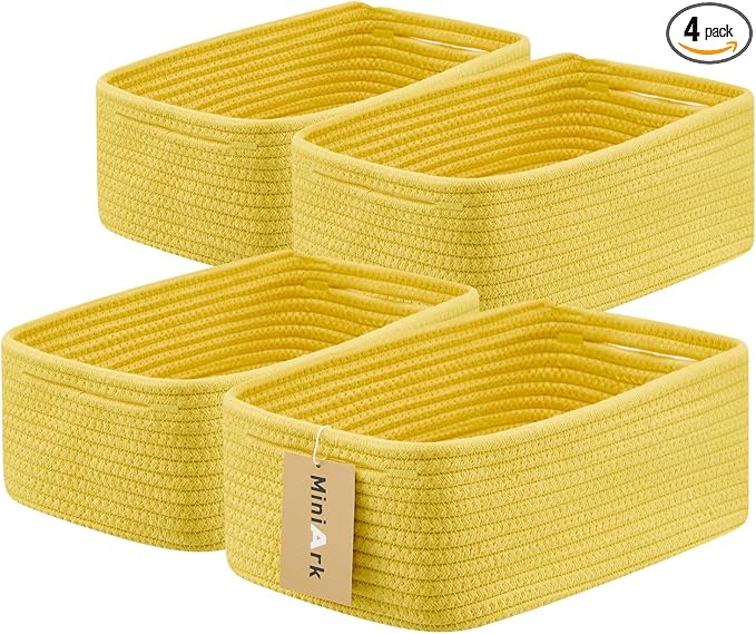 MiniArk Small Storage Baskets for Organizing | Closet Organizer Bins | Shelf Toy Basket | Woven Rope Baskets | Cube Decorative Box | Shallow Basket | 13x8.5x5.1” | 4 Packs Yellow
