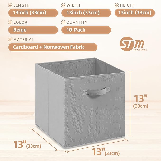 STORAGE MANIAC Storage Cubes, 13 Inch Collapsible Storage Bins with Handles, 10 Pack Fabric Foldable Bins for Organization, Durable Storage Bins for Closet, Shelves, Offices, 10-Pack Grey