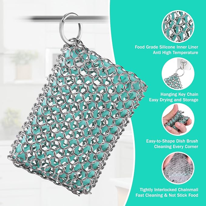 HAUSHOF Cast Iron Scrubber, Chainmail Scrubber Cast Iron Cleaner | Multi-Purpose Cleaning;Easy to Clean;Soft Silicone Liner;Protects Cast Iron Seasoning