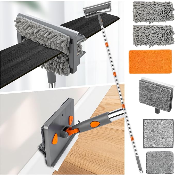 CALBEAU Baseboard Cleaner Tool with Handle, Ceiling Fan Cleaner Duster | 84'' Pole; 2 Chenille + 3 Microfiber Reusable Pads; Squeegee for Streak-free; for Ceiling Fan, Baseboard, Wall, Window, Floor