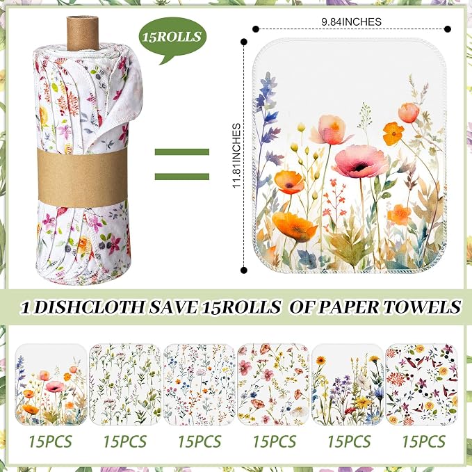 Reusable Kitchen Cloths Cotton Towel, 90 Pack, Wildflowers | Washable 9.84x11.81in, Paperless Towel Rolls Bulk, Cleaning Cloth Napkins for Dishes