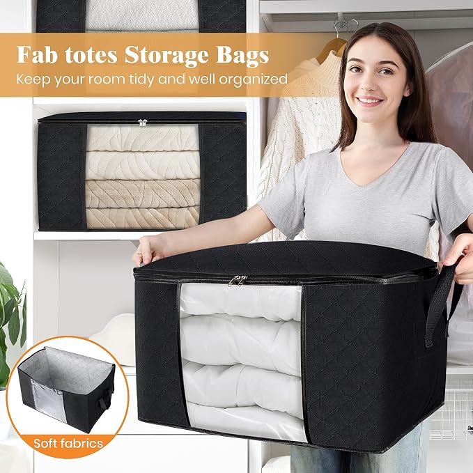 Fab totes 8 Pack Storage Bags for Clothes Blanket Storage Bins with Lids | Foldable Closet Organizers with Zippers,Window and Handles,Fabric Storage Bins for Sweater,Comforter,Bedding,Dorm essentials