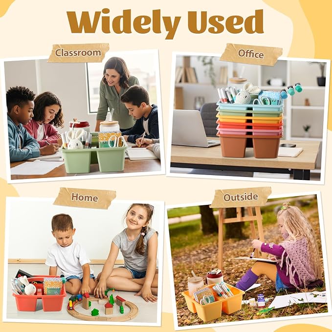 6 Pack Plastic Classroom Organizer Caddy with Handle, Boho | 3 Compartment, Portable Supply Storage Caddy, Craft Art Caddies for Pencil, Crayon, Marker, Home, Office, School Supplies