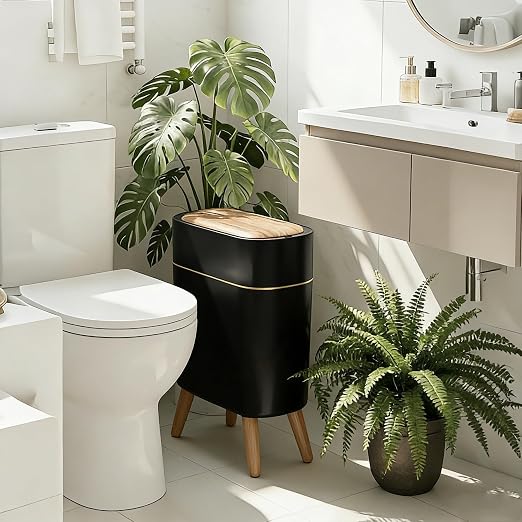 suyika Automatic Trash Can, 2.6 Gallon/10L Bathroom Trash Can with Lid | Wood Grain Lid and Legs, Touchless Waterproof Garbage Bin for Bedroom, Bathroom, Office, Living Room