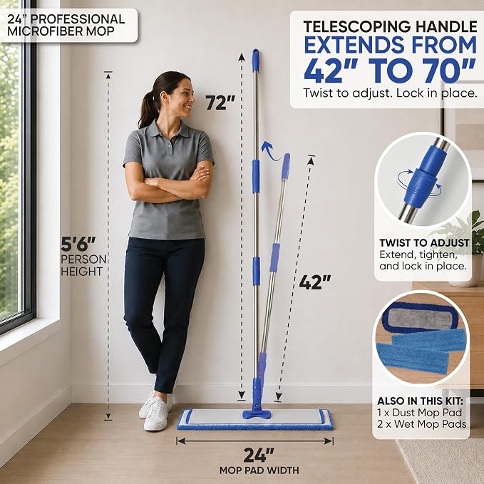 Microfiber Wholesale 24" Professional Microfiber Flat Mop – Wet, Dry & Dust for Hardwood, Vinyl Plank, Laminate & Tile – Commercial Flat Mop System, 64" Stainless Handle, 3 Reusable Pads