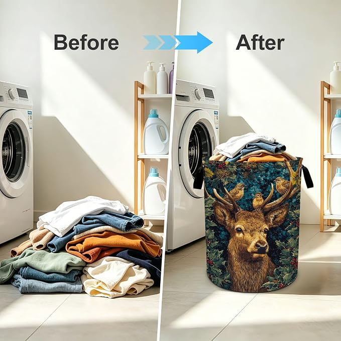 Deer Birds Laundry Basket Foldable Oxford Laundry Hamper With Handle For Room Bathroom Bedroom