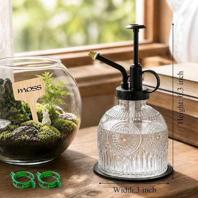 Glass Plant Mister Spray Bottle Vintage Refill Leak Proof Watering Can 8oz | for Indoor Plants, Houseplants, Gardening, Cleaning, Hair & Pet Care with Mist Nozzle (Clear-black Pump)