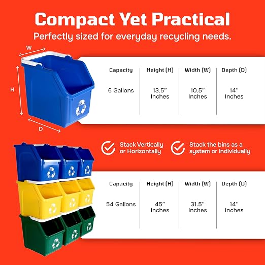 Multi Bin 6 Gallon Stackable Recycle Bins, Trash Can Kitchen Recycling Set | Recycling containers stackable design that saves floor space, while open-front bins with ergonomic handles ensure quick