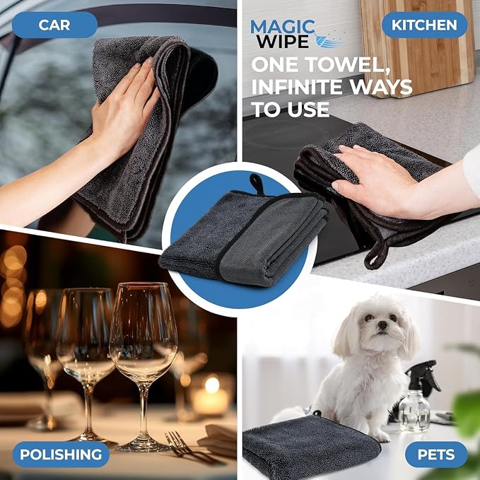 MagicWipe® Bathroom Drying Cloth, 1-40 x 60 cm & 2-30 x 40 Microfibre Cleaning Cloth - Streak & Lint Free Cloth, Premium Quality Drying Towel for Bathrooms, Kitchen, Mirrors (3, Multiplesize Black)