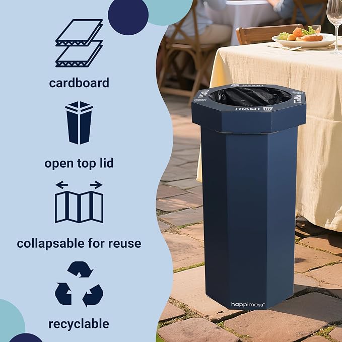 happimess Fleur 25 Gal Trash Can Bin, Denim Blue, Set of 2 | Event Recycling, Traditional Classic Disposable Corrugated Cardboard, 32" Height, 16" Width, 16" Depth