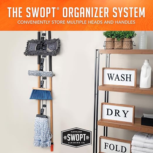 SWOPT 7-Piece Ultimate Indoor Kit — Includes 48” and 60” Wooden Handles, Dust Mop, Cotton Mop, Angle Broom, Flexible Duster, Window Squeegee, and Organizer — Everything You Need to Clean Indoors