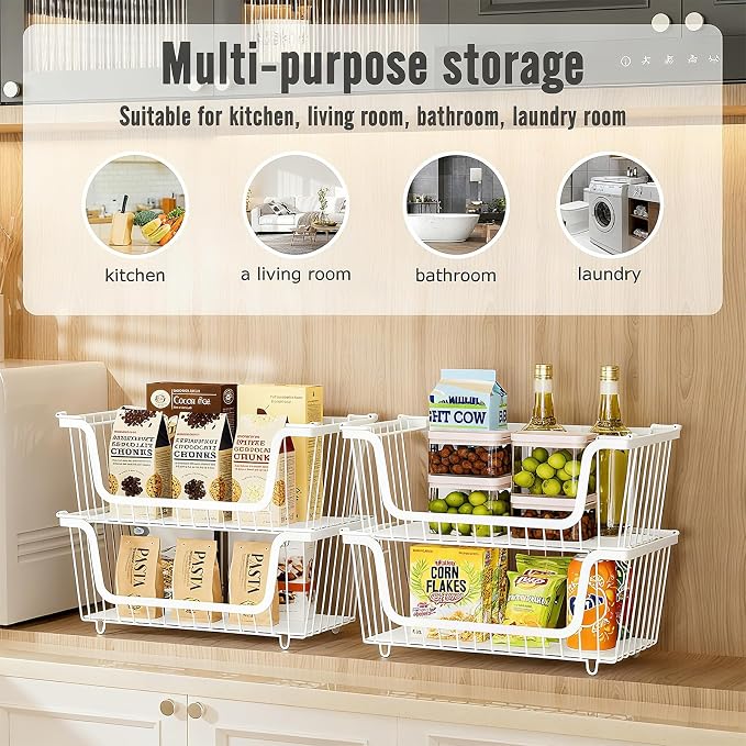 4 Pcs Stackable Wire Baskets for Pantry Organizers and Storage, | Vegetable Fruit Basket for Countertop,Kitchen Storage Metal Baskets,Produce Potato Onion Storage Bin,White