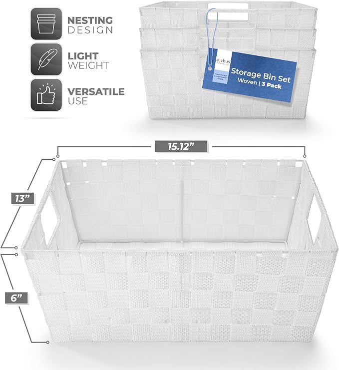 Sorbus Baskets for Organizing, Woven Storage Set (Set of 3, White) | Carry handles, mesh construction and metal frame support fabric bins for linen closets, shelves and home decor.
