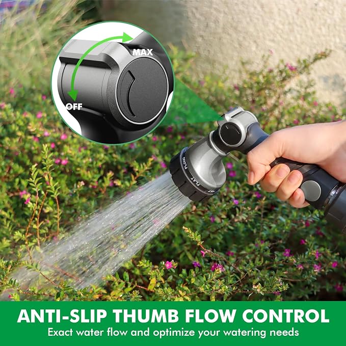 RESTMO Heavy Duty Hose Nozzle, Metal Garden Water Hose Sprayer | 7 Watering Patterns, Thumb Control, On Off Valve, Leak Proof Nozzle Sprayer for Watering Plants, Car & Pet Washing, Silver