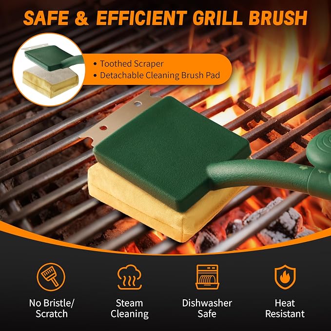 Grill Brush Bristle Free with Scraper, BBQ Replaceable Cleaning Head | Barbecue Grill Cleaner with Seamless Fit Scraper Tool for Cast Iron, Stainless-Steel Grates - Green