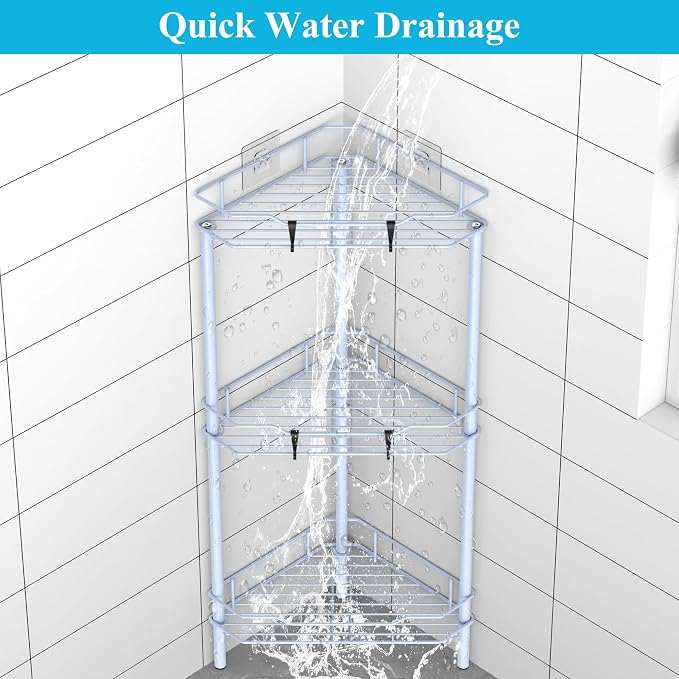 HuggieGems Metal Floor Standing Corner Shower Caddy, Blue, 3 Tier | Adhesive Bathroom Organizer Shelves, Free Standing Shower Rack with Hooks, Hold Large Shampoo Bottles