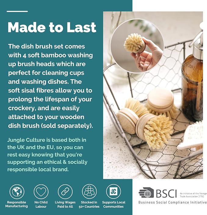 JUNGLE CULTURE Soft Replacement Dish Brush Heads • 4 Pack Sisal Refills | Non Toxic Plastic Free Kitchen Brushes for Pots, Pans, Cast Iron, Jars & Vegetables • Natural Fiber Bristles