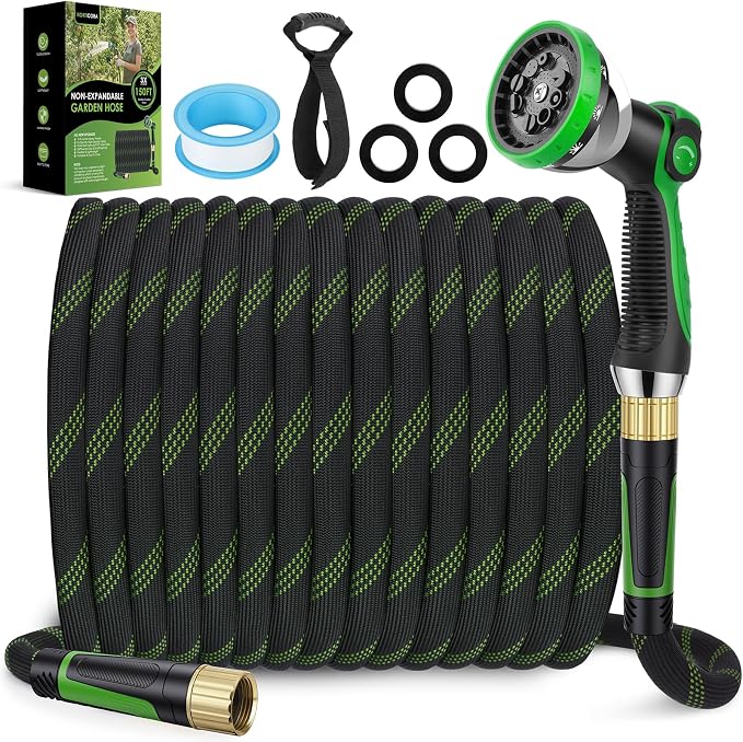 Garden Hose 50 ft, Non-Expandable Ultra-Lightweight Flexible Hose with 360° Dual-End Anti-Kink Design, 10-Pattern Spray Nozzle, 500 PSI Leak-Proof, 96-Strand Braided Fabric, Storage Strap