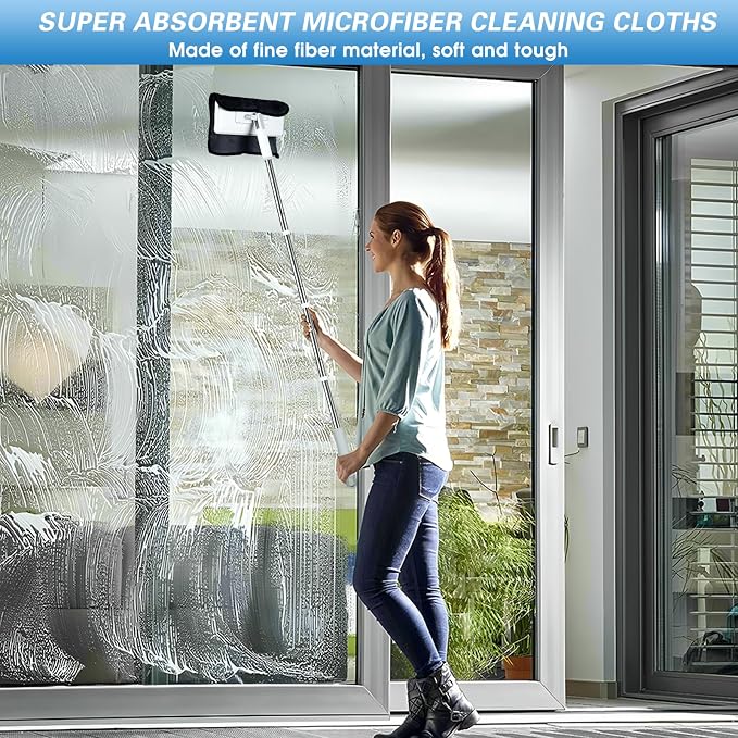 4 in 1 Snap Grip Mini Mop with Squeegee, Floor Scrub Brush with Long Handle | Click Mop, 2 Shiny Towels Wipes Cleaning Cloths, 2 Crevice Brush, Snap Grip Mop for Windows Car Glass Floor Shower Bathroom