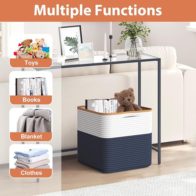 Storage Cotton Cubes 11 Inch, Woven Cotton Rope Storage Baskets for Toys Blanket Organizing, Storage Bins Decorative Organizer with Handles for Living Room Laundry Room Closet (3 Pack, Blue)