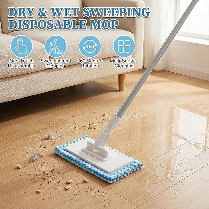 Clamp Grip Mini Mop, Zero Touch Cloth Changing Mop with Automatic Push Pull Handle,360 Rotating Lazy Mops Wet Dry for Whole House Cleaning,Retractable Gap Dust Cleaner Flat Mops (White-5 Cloths)