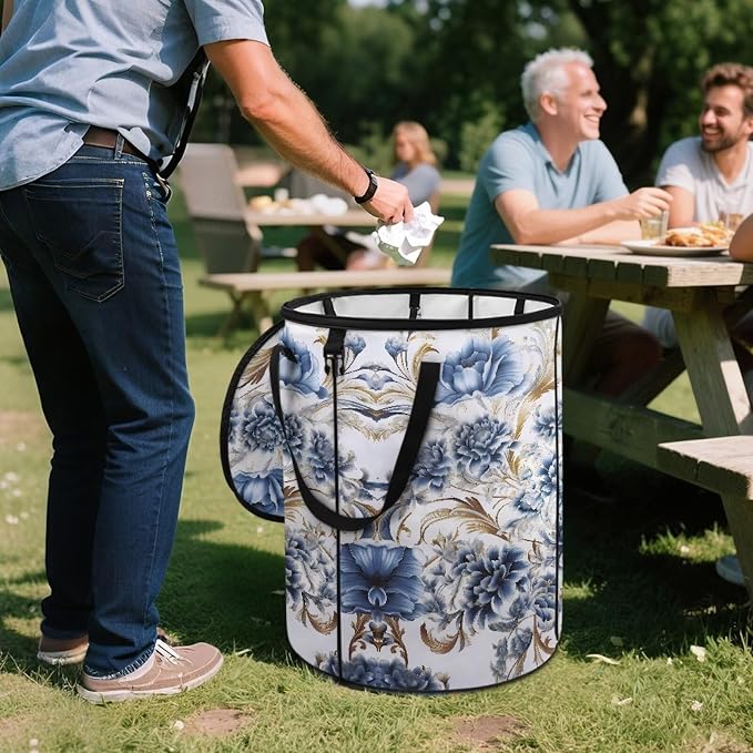 Floral Collapsible Garbage Can with Lid 24 Gallon Pop up Trash Can for Camping Waterproof Outdoor Recycling Bin Flodable Portable Trash Bag with Sorting Clips for Hiking Yard