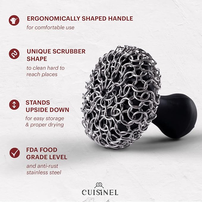 Cuisinel Cast Iron Chainmail Scrubber + Pan Scraper - Ergonomic Design Stainless/Silicone Cleaner for Pots & Skillets - Easy to Clean, Dishwasher Safe, Cookware Sponge Accessory