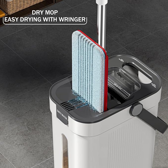HoMettler Dual Mop and Bucket Set, Flat Mop and Bucket System with Separate Dirty and Clean Water, 3-Compartment Wall Cleaner Mop, Flat Mops for Floor Cleaning with 6 Microfiber Pads - White