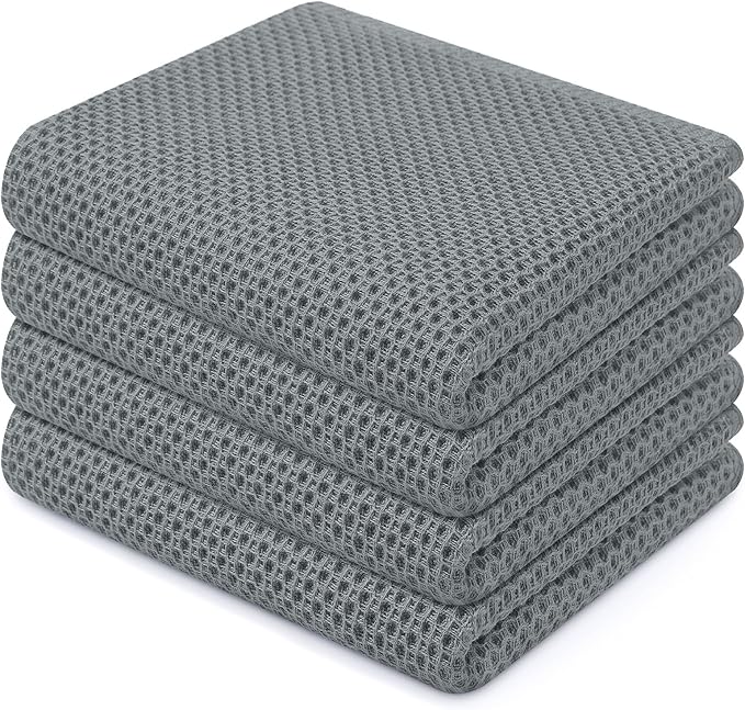 Homaxy 100% Cotton Waffle Weave Kitchen Dish Towels 4-Pack, Grey | 13 x 28 Inches, Ultra Soft Absorbent Dish Towels, Quick Drying Cleaning Towels