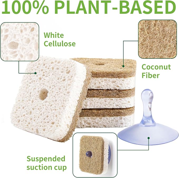 12Pack Kickleen Natural Kitchen Scrub Dish Sponges with Suction Hanger | Biodegradable Compostable Cellulose and Coconut Non-Scratch Sponge for Kitchen, Bathroom, Household