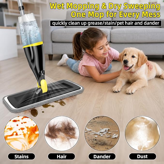 Spray Mops for Floors Cleaning: Hardwood Floor Mop Wet Dust Mop Refillable | Swivel Head Lightweight for Elderly, 3 Washable Pads for Swiffer PowerMop, Microfiber Flat Mop, for Tile Vinyl Multi-surface