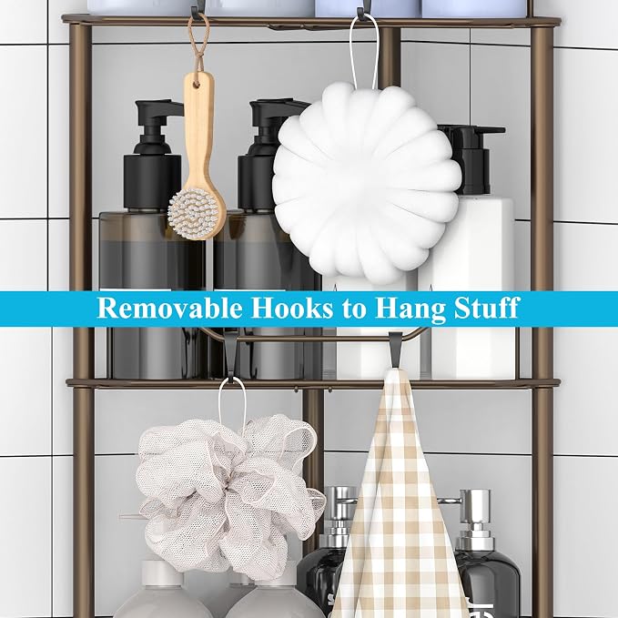 HuggieGems Metal Floor Standing Corner Shower Caddy, Bronze, 3 Tier | Adhesive Bathroom Organizer Shelves, Free Standing Shower Rack with Hooks, Hold Large Shampoo Bottles