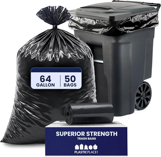 Plasticplace - W65LDBTL2RL 64-65 Gallon Trash Can Liners for Toter │ 2.0 Mil │ Black Heavy Duty Garbage Bags │ Rolls │ 49” x 59” (50 Count)