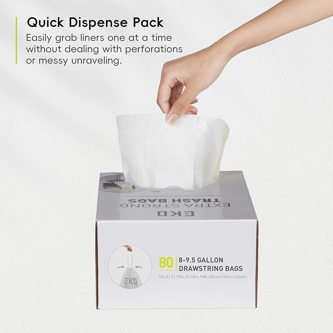 EKO Easy-Dispense Roll 80 Count Extra-Strong Drawstring Tall Kitchen Trash Bag, 8-9.5 Gallon Trash Bag (30.3L-36L) 1 Pack White, Code E