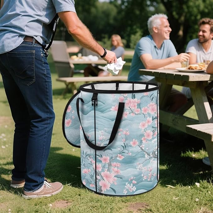 Cherry Blossom 24 Gal Collapsible Trash Can w/Lid Waterproof Foldable Garbage Bin for Camping, Backyard & Hiking | Heavy Duty Pop-Up Design (23x18in) Car Camping Gear