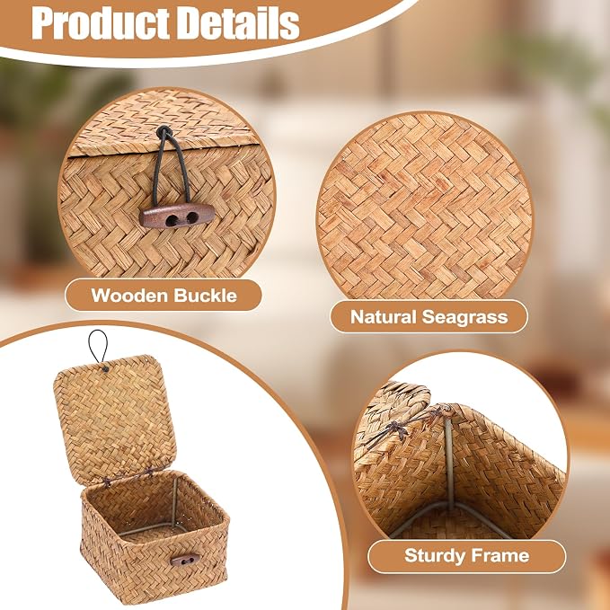 Hipiwe Handwoven Seagrass Basket Decorative Shelf Basket with Lid Mini Square Wicker Storage Box, Caramel Color, 4.7" x 4.7" x 3"