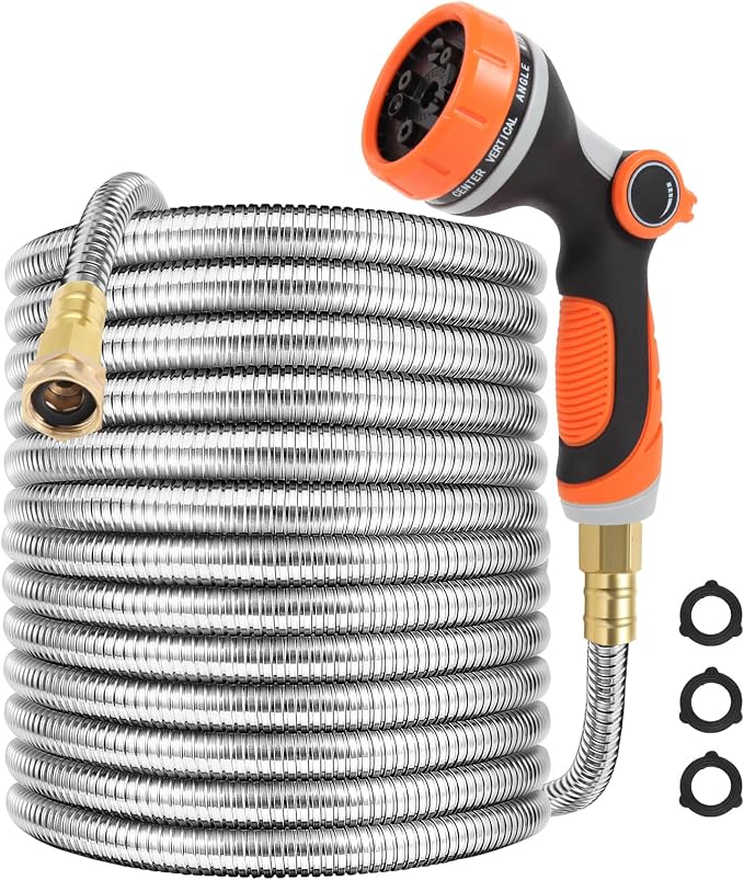 Metal Garden Hose 50 ft with 10 Function Sprayer Nozzle, Lightweight Stainless Steel Water Hose with 3/4" Solid Fittings, Flexible Kink Free Leak Proof for Yard, Patio, Outdoor & Car washing
