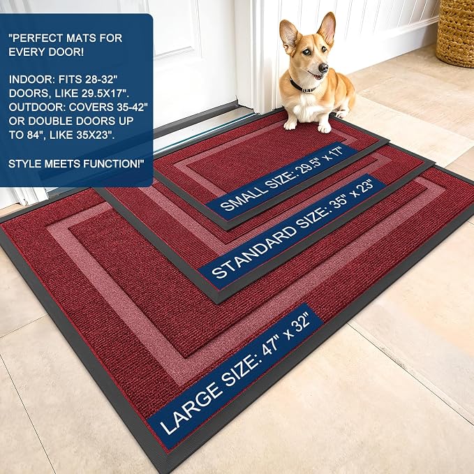 OLANLY Front Door Mat Outside 33x21, All-Season Heavy-Duty Rubber Doormat | Wine Red, Absorbent, Stain and Fade Resistant, Waterproof Non-Slip Backing, Low-Profile Indoor Outdoor Floor Mat for Entryway