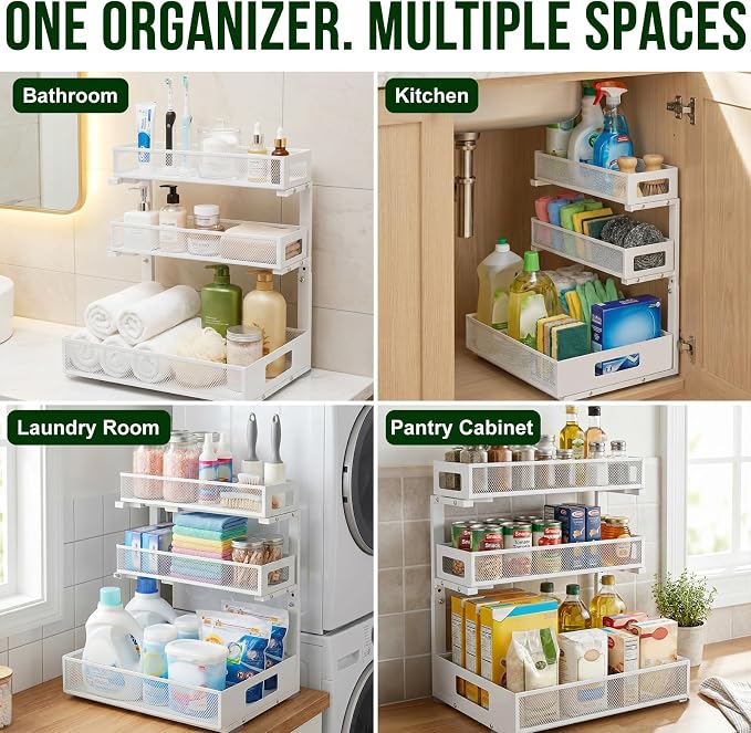 3 Tier Under Sink Organizer,2 Pack Pull Out Cabinet Shelves with Adjustable Height,Heavy Duty Carbon Steel L-Shaped Storage for Kitchen Bathroom Sink,Pantry & Laundry,White