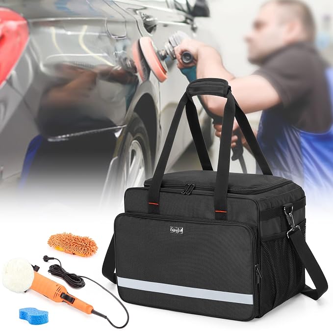 samdew Large Detailing Bag for Auto Detailing Supplies Storage, Bag Only | Cleaning Caddy for Car Care & Vehicle Wash Tools, for Detailing Bottles, Towel, Buffer & More, for on Road Trip or Car Show