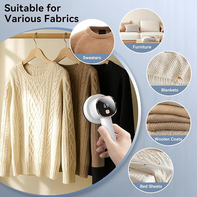 Rechargeable Fabric Shaver, 6-Leaf Blades, LED Display, 3 Speeds | Portable Lint Remover Easy to Remove Pilling, Fuzz & Lint Balls from Clothes, Sweater, Couch, Blanket, Furniture, Coat, White