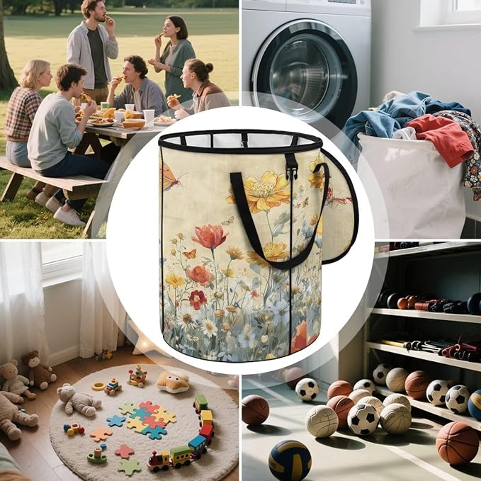 Floral Butterfly Collapsible Trash Can 24 Gallon Pop-Up Outdoor Garbage Can with Handles Waterproof Lightweight Storage Bag with Lids for Laundry Toy Room Garden Patio Camping